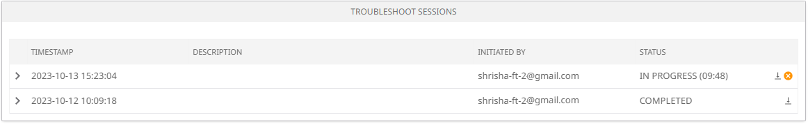 Troubleshoot Sessions table Troubleshoot Sessions table